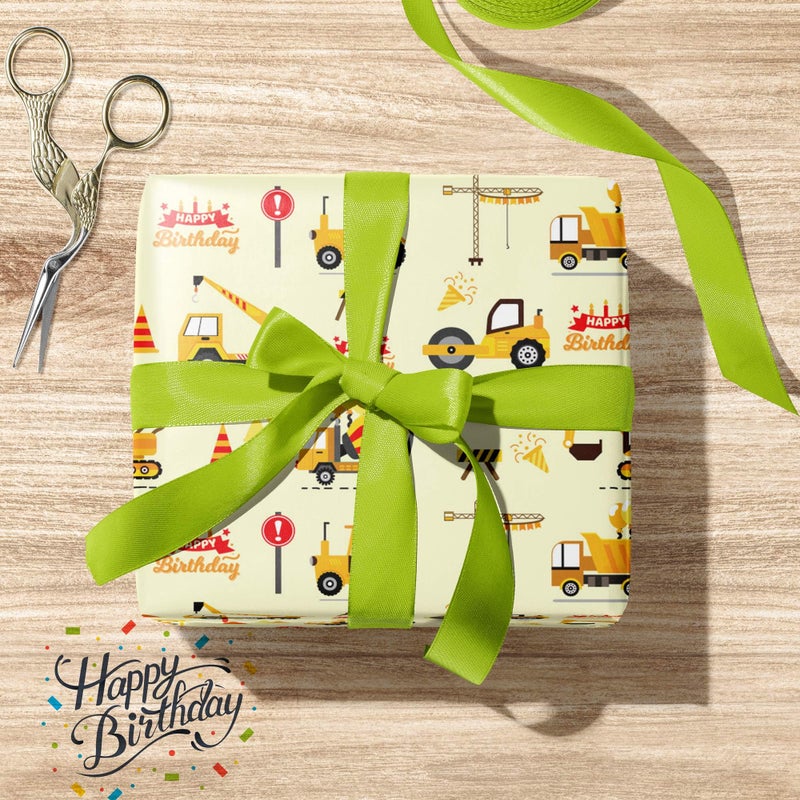 ZINTBIAL Construction Vehicle Wrapping Paper for Kids Birthday - Excavators  Bulldozers  Dump Trucks and Happy Birthday Words Designs - 20 x 29 Inches  8 Folded Sheets  Easy to Store - Image 5